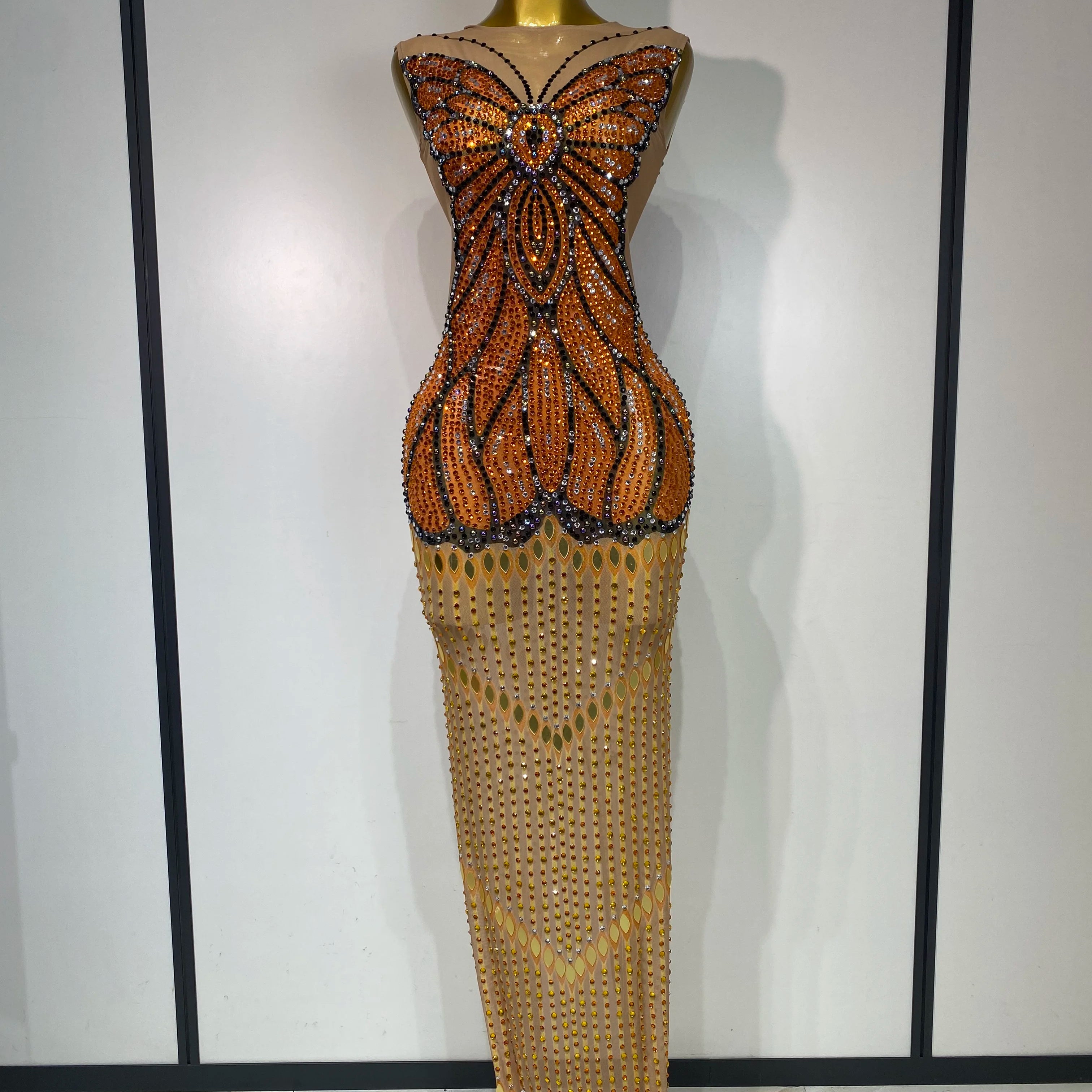 Luxury Rhinestones Mesh Long Dress 2025 Elegant Sexy Sleeveless Birthday Evening Party Gown Performance Singer Stage Outfit Long dress