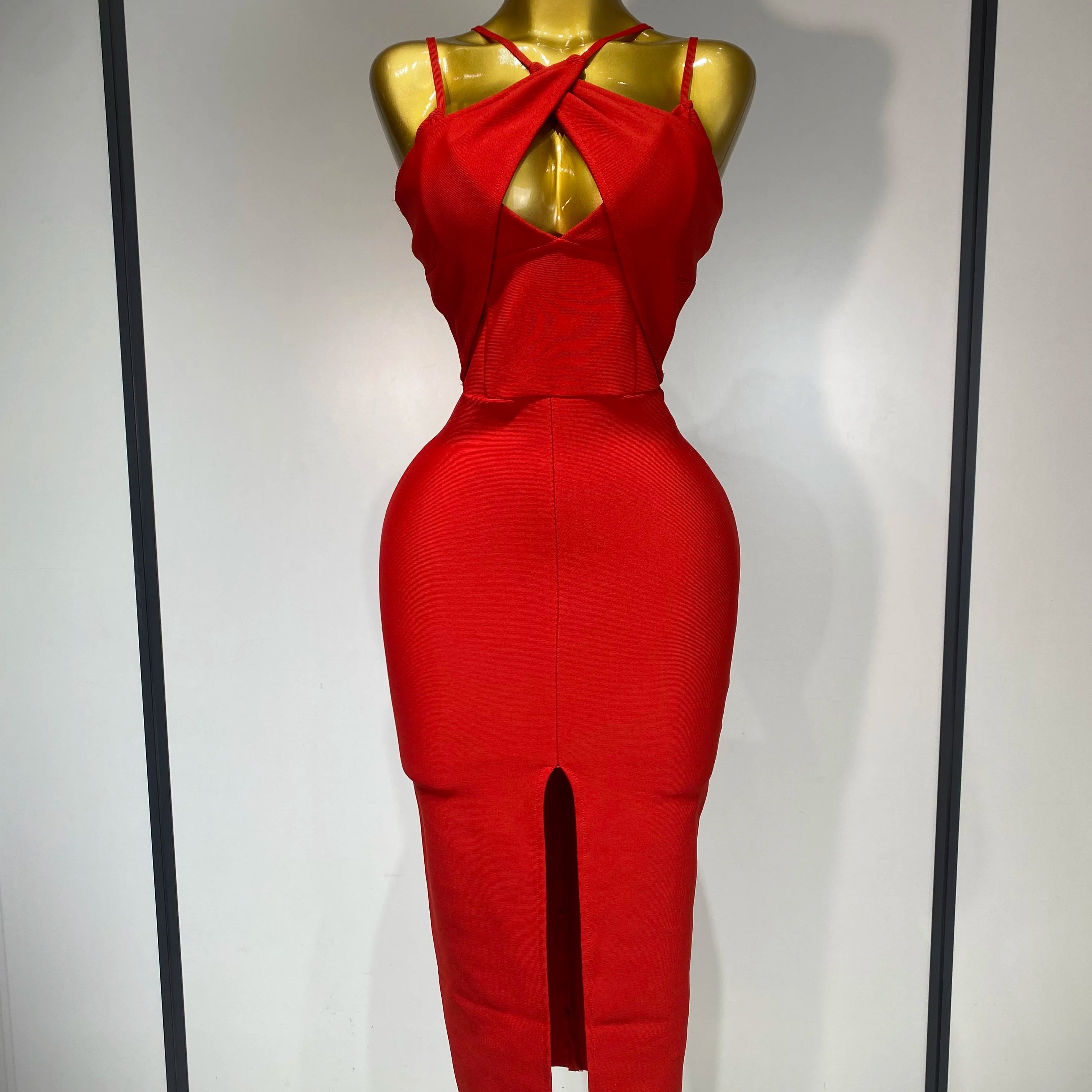 Women Sexy Sleeveless Hollow out Split Backless Red Midi Bandage Dress 2025 Celebrity Elegant Evening Luxury Birthday Dresses Red