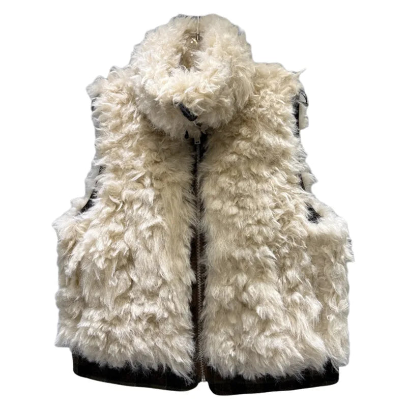 Winter New Fashion Faux Lamb Wool Plaid Reversible Vest For Women Versatile Zipper Waistcoat Female Trendy 11A07854