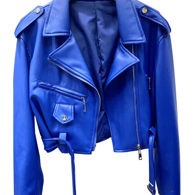 Spring Autumn Short Blue Soft Pu Leather Biker Jacket Women Zipper Long Sleeve Belt Cool Luxury Designer Clothes 2022