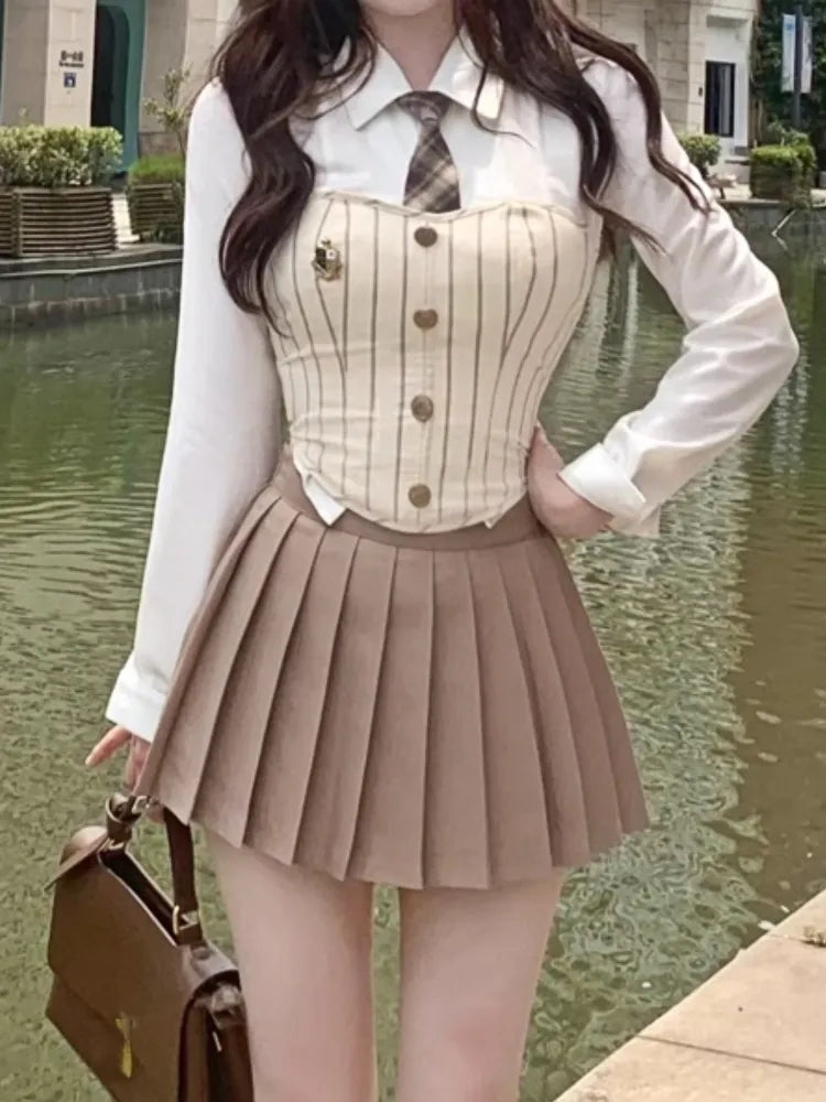 Sweet Elegant 3 Piece Set Women Korean Fashion Party Mini Skirt Set Female Vintage Designer Pleated Skirt Suit 2024 Autumn New Set