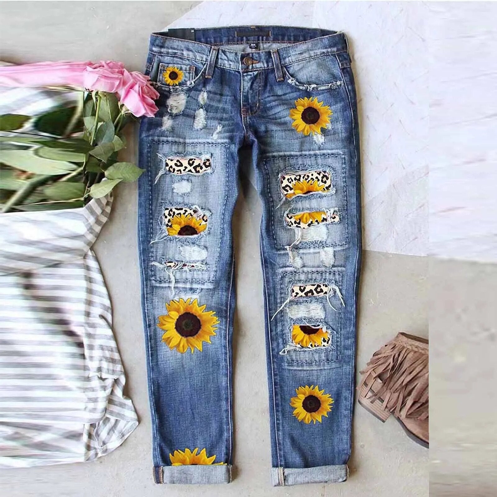 Jean déchiré imprimé tournesol pour femmes, patchwork, coupe régulière, Long, décontracté, troué, pantalon Streetwear, pantalon crayon en Denim 