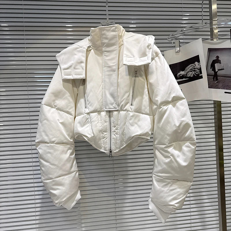 Winter New Fashion Zipper Fishbone Waist-Cinching Warm Hooded Jacket For Women High Street Cotton-padded Coat 11A07495 White