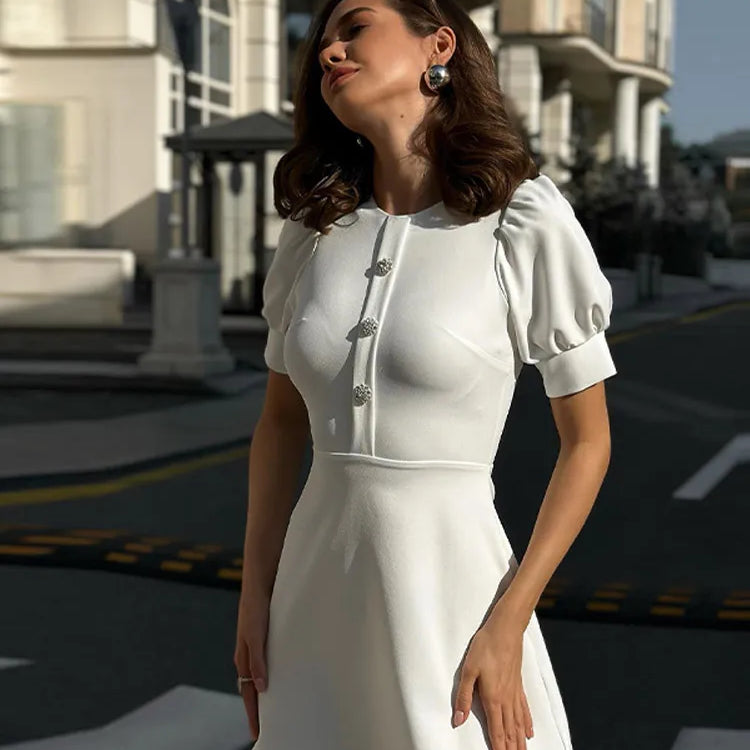 Elegant Doll Collar Mini Dress Women Spring Summer Chic Solid Short Sleeve Sexy Slim Button Dresses Female Commute Clothes