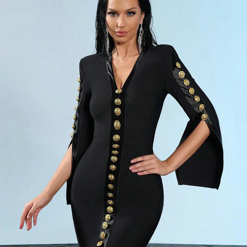 2025 New Women V Neck Bandage Dress Black Sexy Long Sleeve Button Bodycon Club Celebrity Elegant Evening Mini Party Dresses