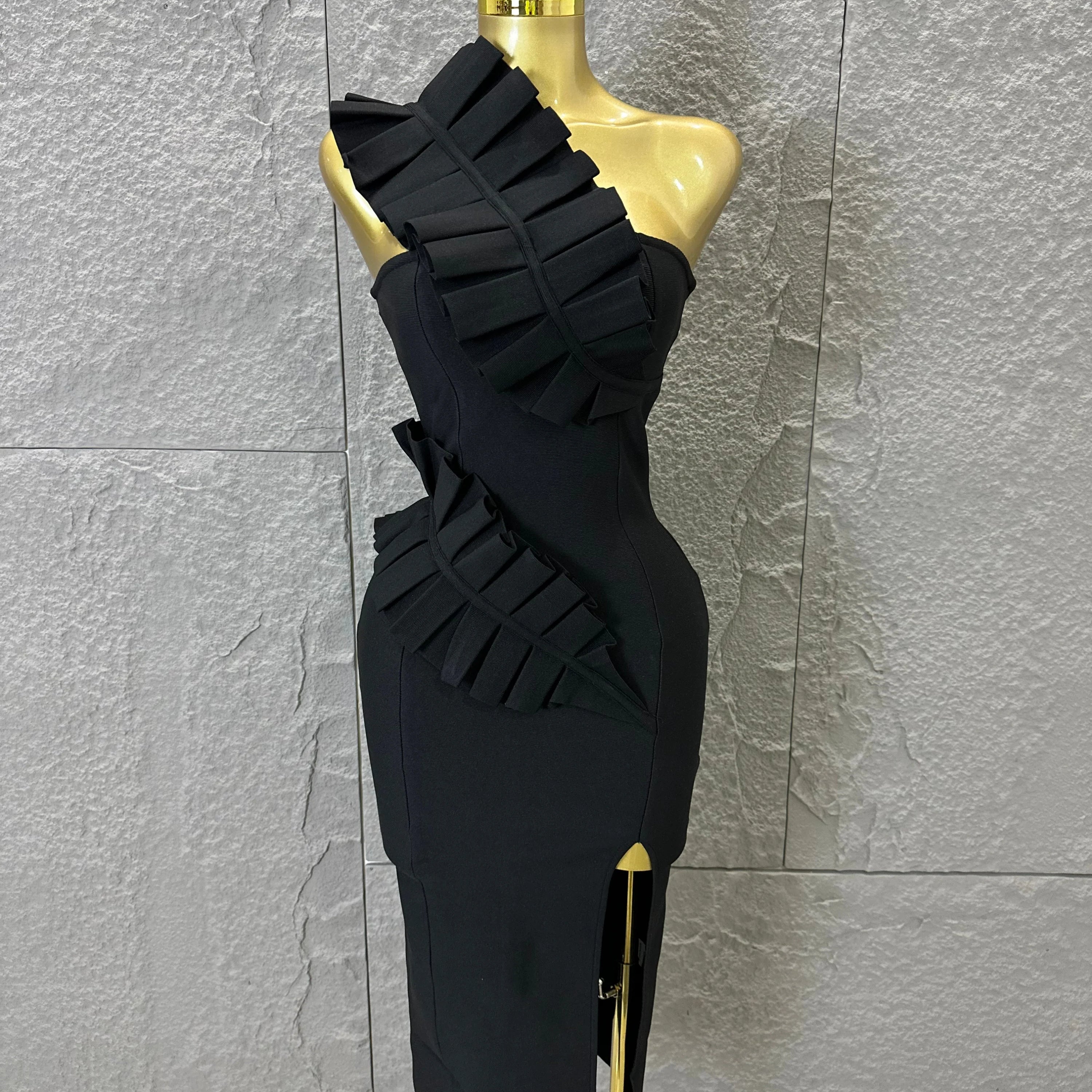 Sexy One-Shoulder Bodycon Midi Dress Women Sexy Ruffle Embellished Waist Cutout High Slit Outfit Evening Gala Party Costume