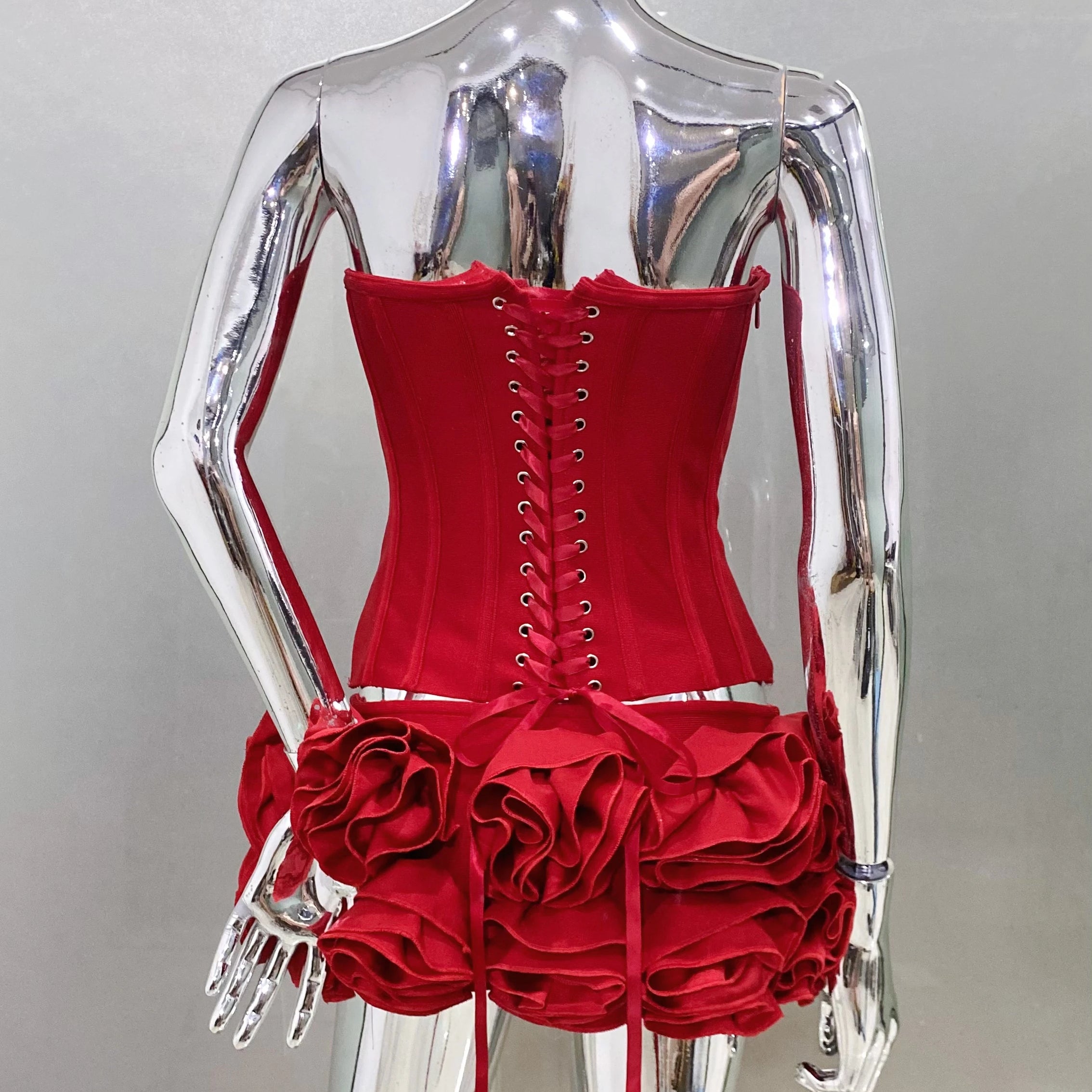 2024 Red color Back Lacing Body shaping Strapless Top And Stereoscopic Flowers Mini Skirt 2 pieces Woman Birthday Party Dress