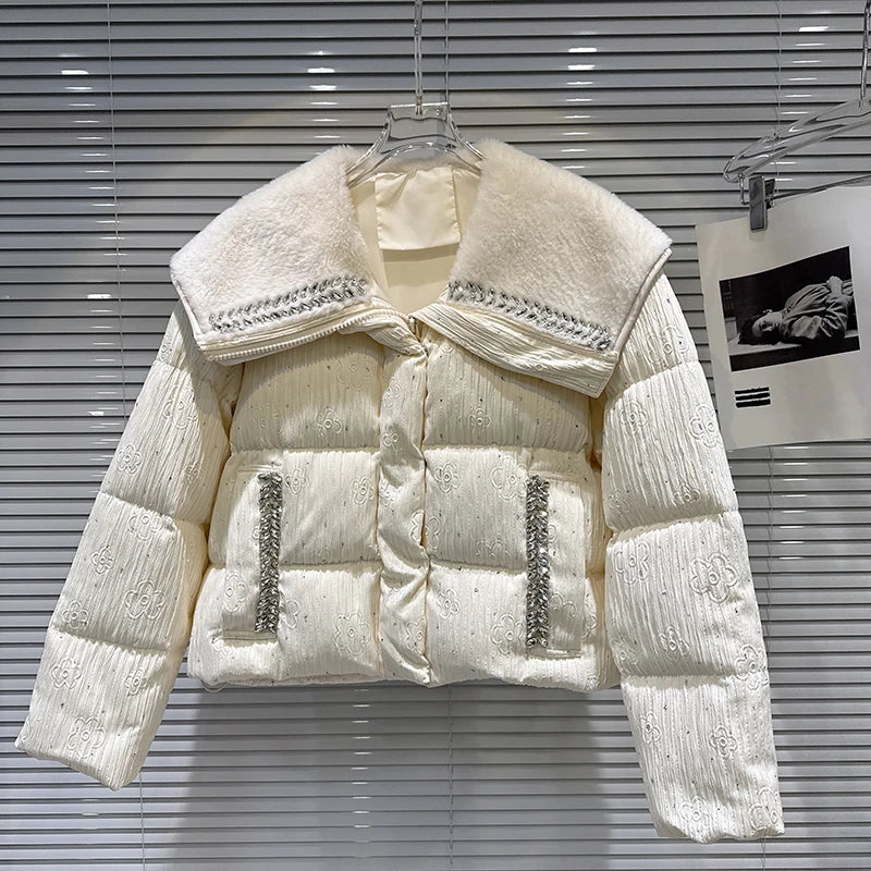 Winter New Sweet Fashion Fleece Sailor Collar Rhinestone Edge Heavy Cotton-padded Jacket For Women Warm Coat 11A07590 Milky White One Size