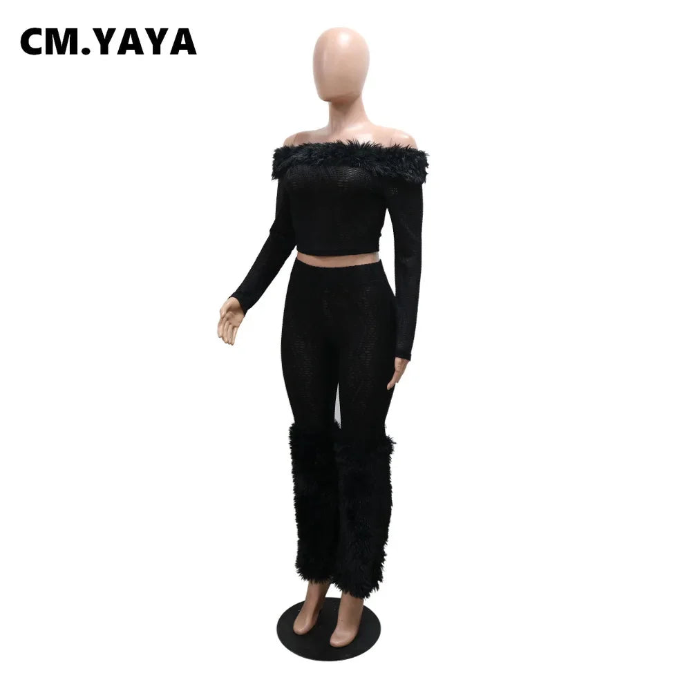 2025 Spring Women's Set Long Sleeve Fur Slash Neck T-shirt + Pants Sexy Streetwear Two 2 Piece Sets Outfits Tracksuit