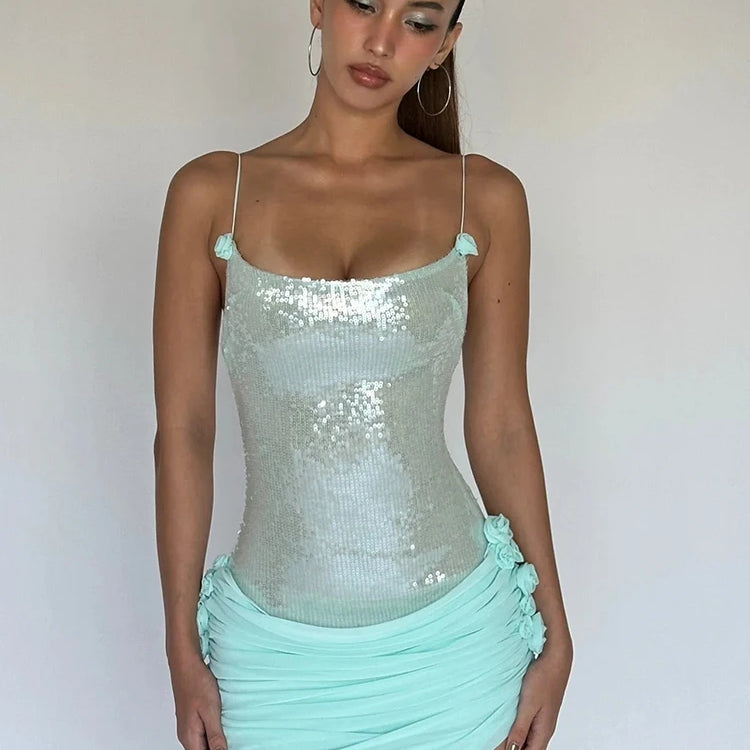 Sparkling Sequin Embellished Strappy Mini Dress for a Glitzy Party Night Gown