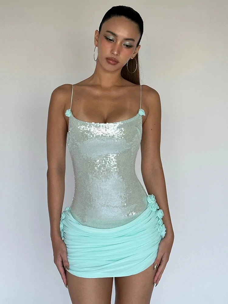 Sparkling Sequin Embellished Strappy Mini Dress for a Glitzy Party Night Gown