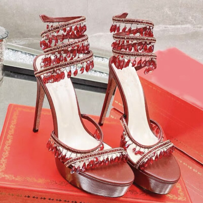 Summer New Round Toe Thick Sole Sandals with Snake Twisted Beaded Water Diamond Thin Heel High Heel Sandals for Women