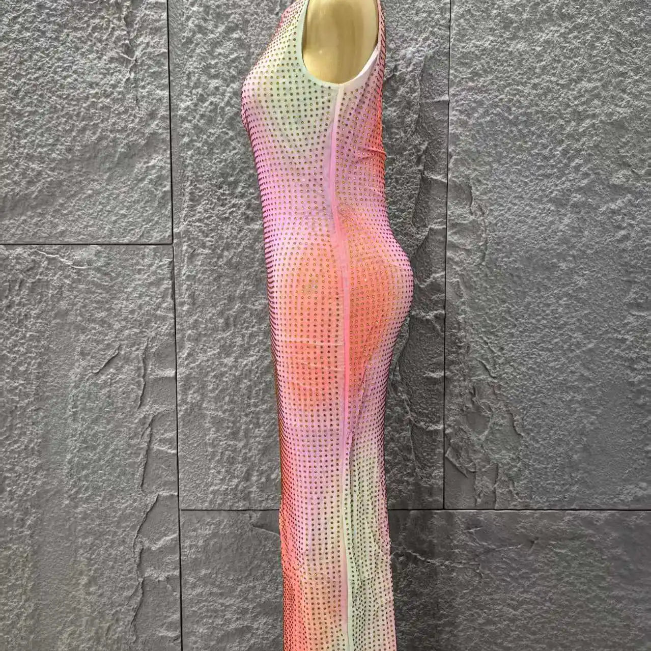 Shinning Rhinestones Women Sleeveless Sexy O-Mecl Bodycon Long Dress Mesh High Stretch Celebrate Evening Party Cocktail Dress