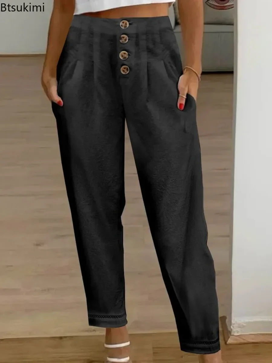 Women's Casual White Pants High Waist Button Slim Solid Pockets Pencil Pants Female Soft Breathable Women Trousers Joggers