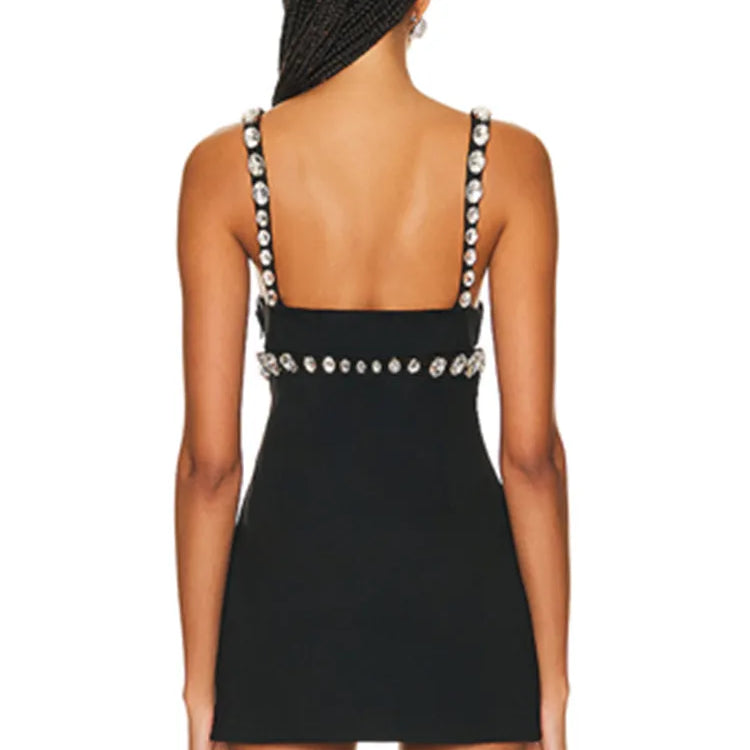 Women Celebrity Sexy V Neck Beading Rhinestone Black Mini Bodycon Bandage Dress Elegant Evening Club Party Dress