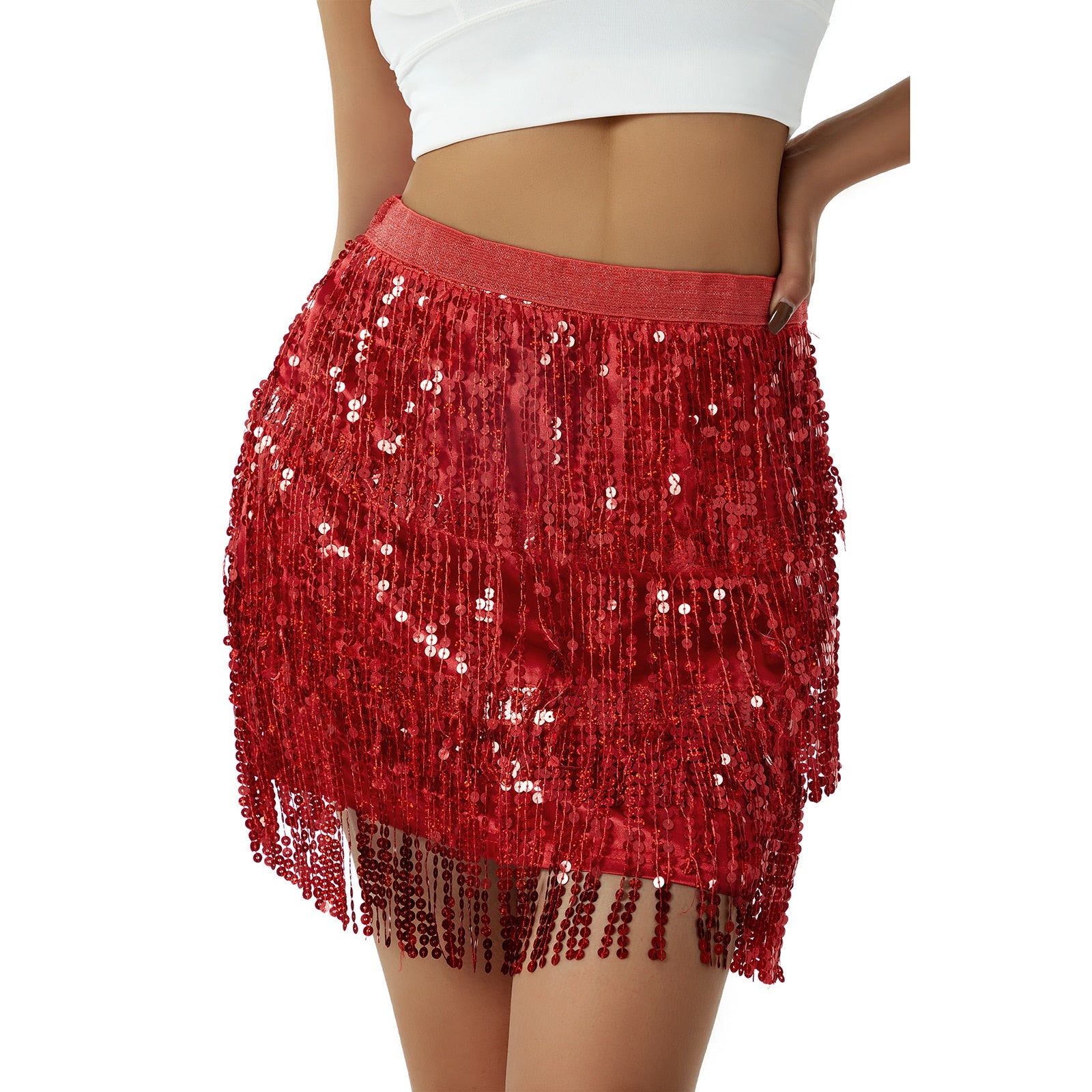 Women Sequined Fringe Skirt Glitters Elastic Waist Miniskirt Mini Skirt for Dance Rave Party Black/Silver/Gold/Red Red