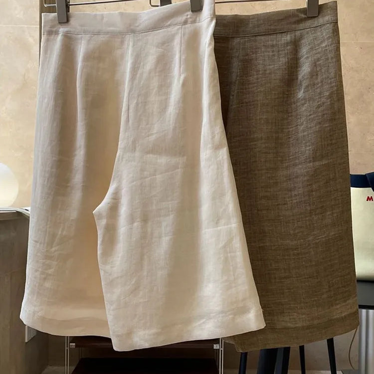 HanOrange Summer Lazy Linen Casual Knee Length Pants Women Loose Thin Anti-transparent A-line Profile Five Cents Trousers