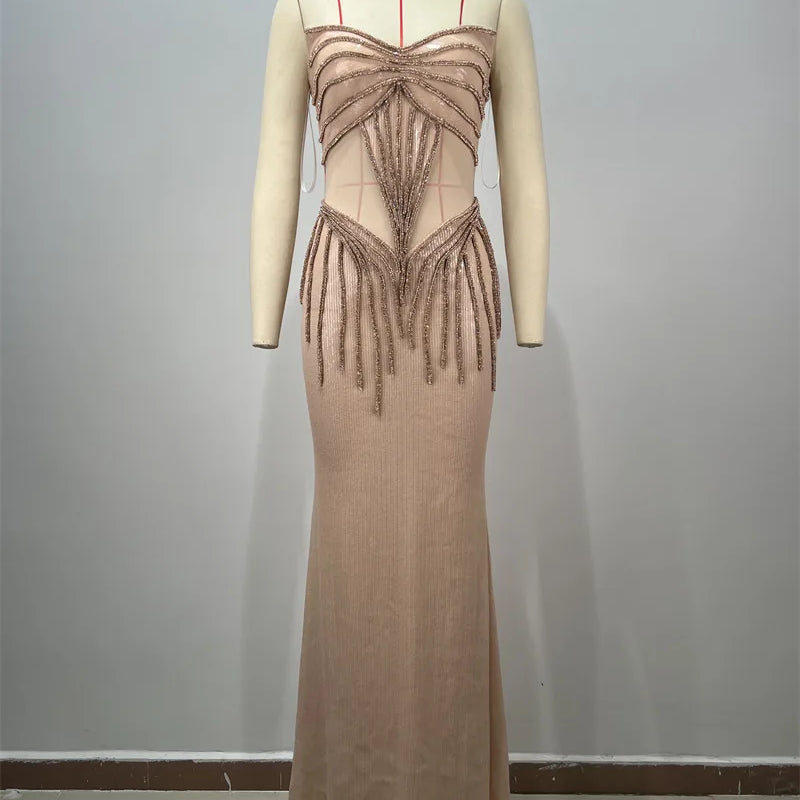 2025 New Shining Sequin Sexy Mesh See Through Strapless Ankle Length Dress Woman Evening Party Dress Celebrity Party Vestido