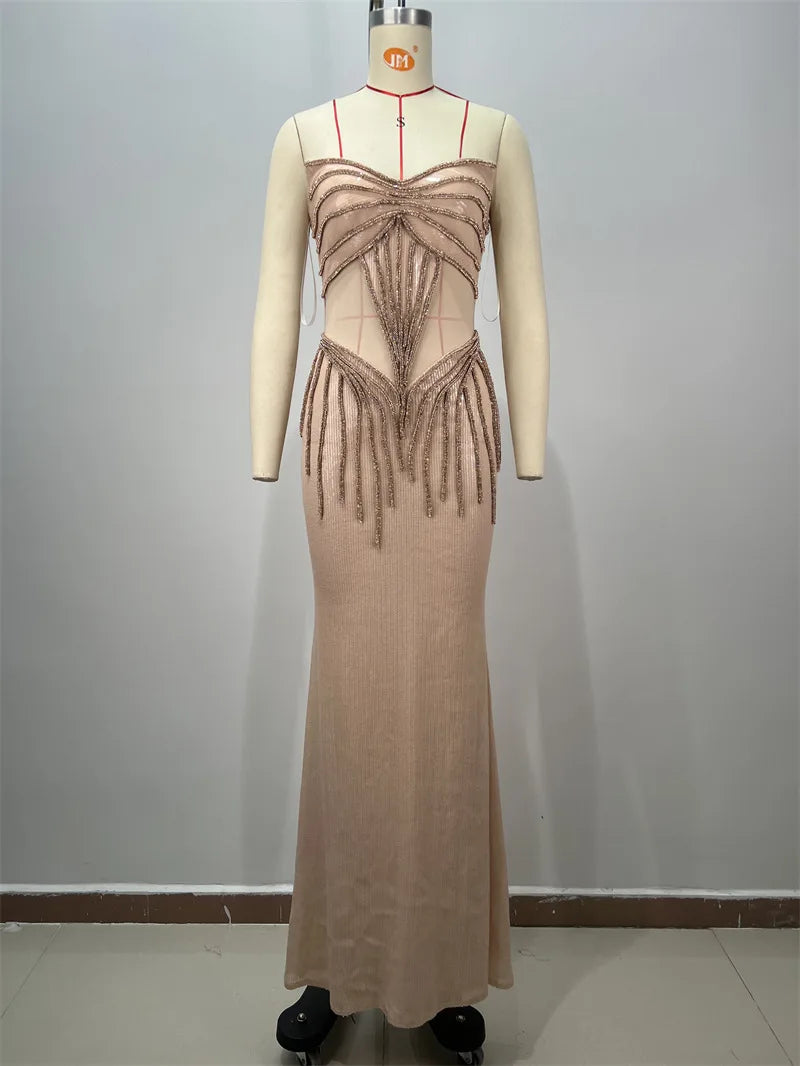 2025 New Shining Sequin Sexy Mesh See Through Strapless Ankle Length Dress Woman Evening Party Dress Celebrity Party Vestido