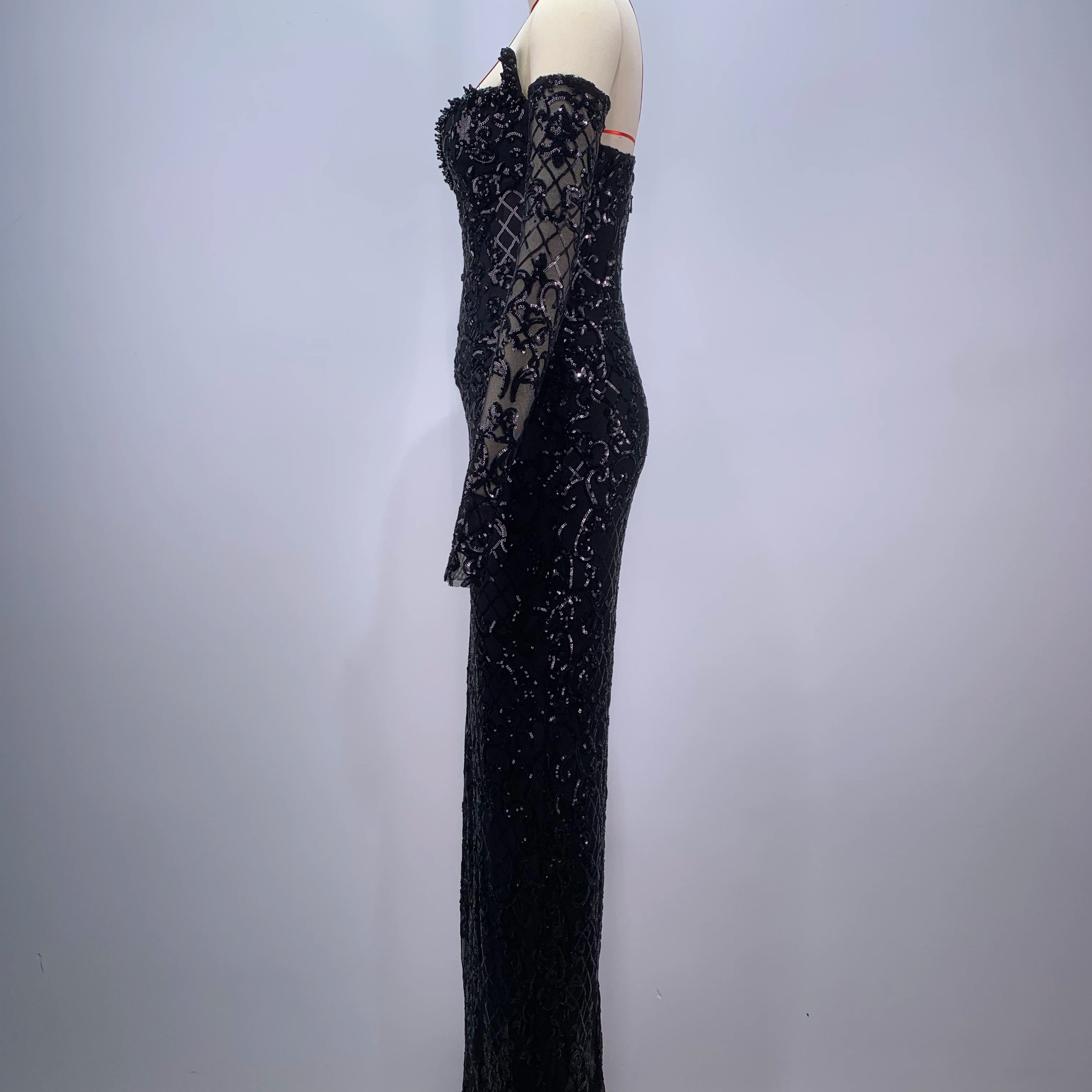 2024 Black Color Women Sexy Shinning Sequins High Split Bodycon Long Dress Gloves Celebrate Evening Party Prom Dress