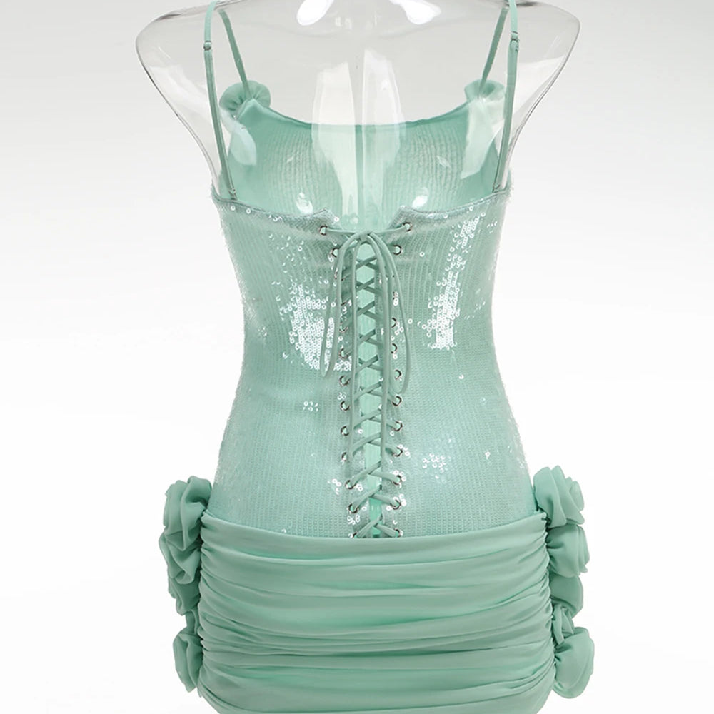 2025 New Stereoscopic Flowers Sequin Patchwork Sling Short Evening Dress Sweet Woman Birthday Party Dress Performance Costume