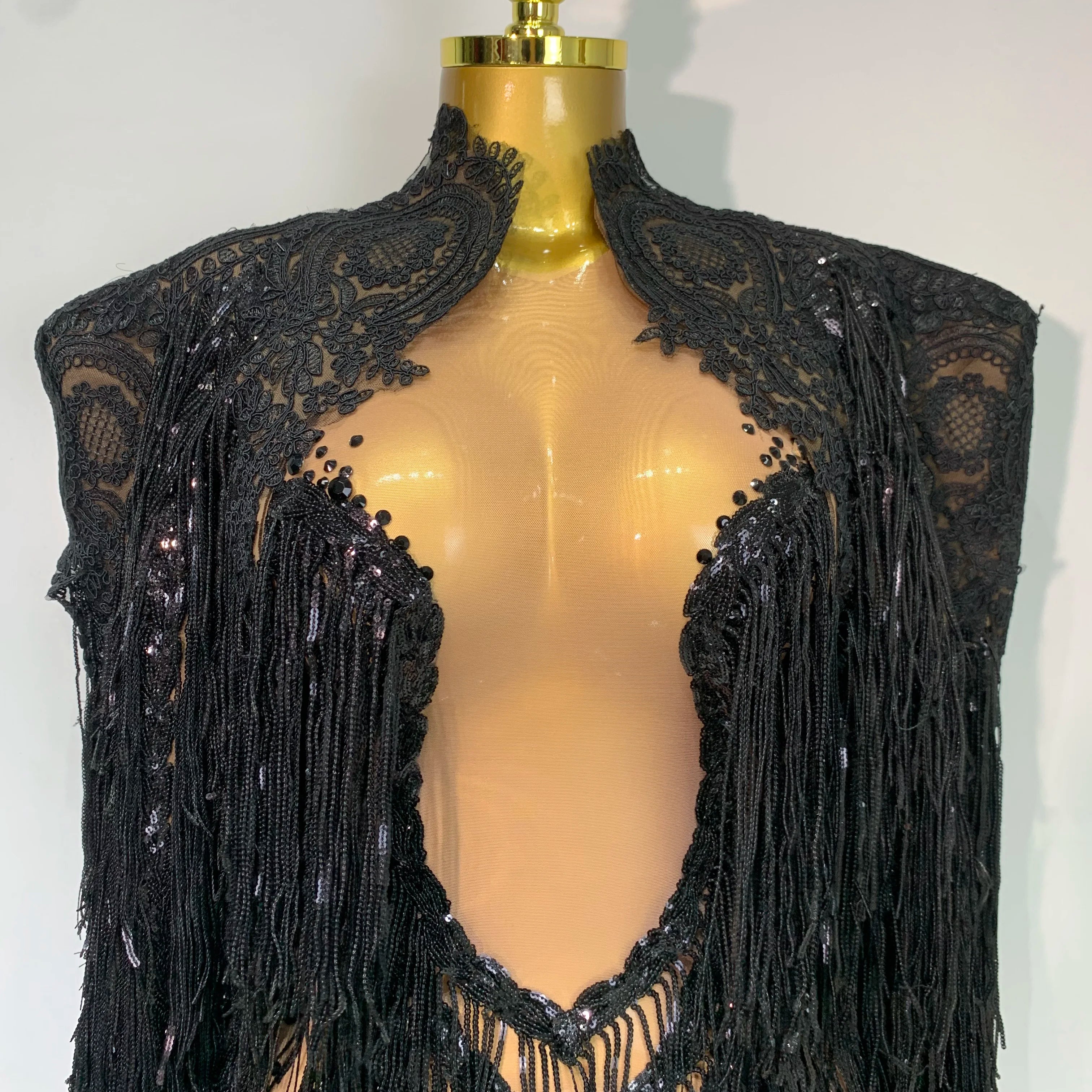 Rhinestones Tassels Mini Dress Suit Luxury Women Sexy See Through Mesh Party Club Dresses Performance Stage Outfit