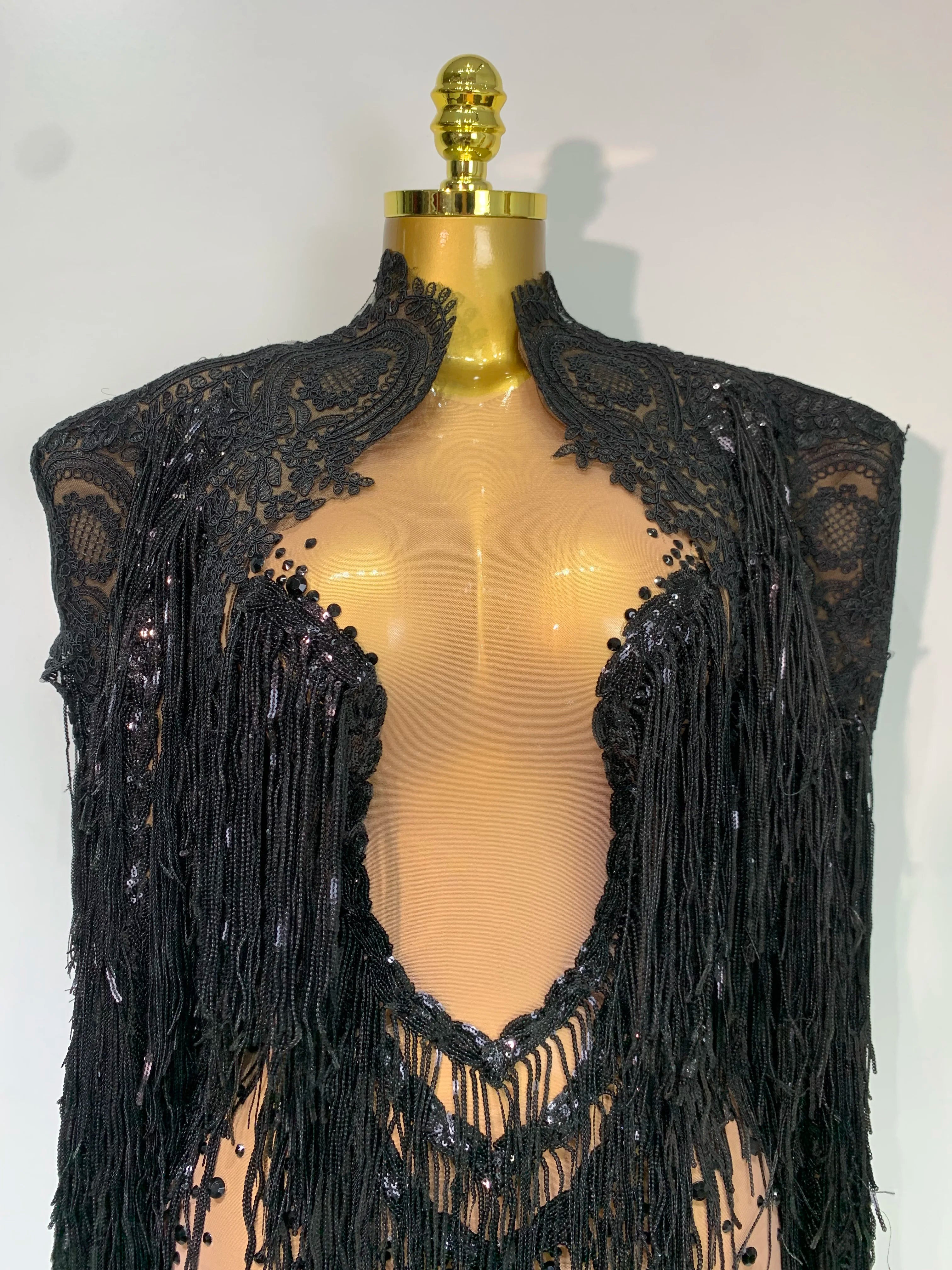 Rhinestones Tassels Mini Dress Suit Luxury Women Sexy See Through Mesh Party Club Dresses Performance Stage Outfit