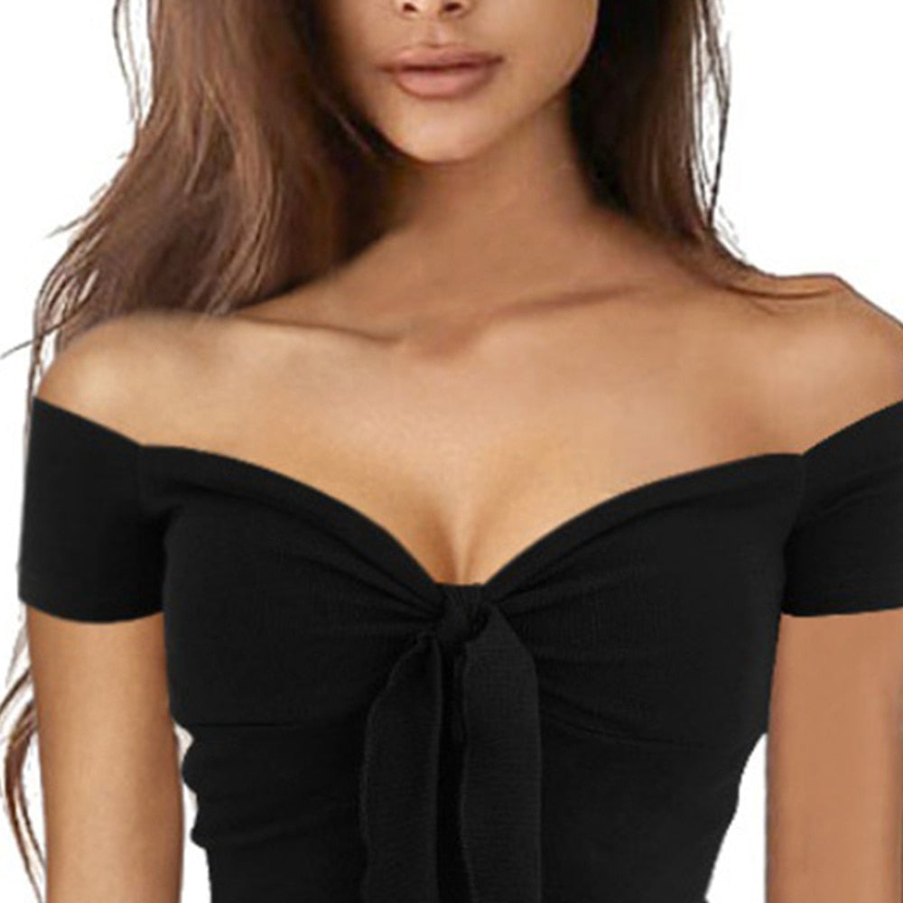 Women Sexy Off Shoulder Tops Shirt Ladies Slim Fit Slight Strech Cotton Blended Solid Bowknot Clubwear Holiday Party Blouse 2024