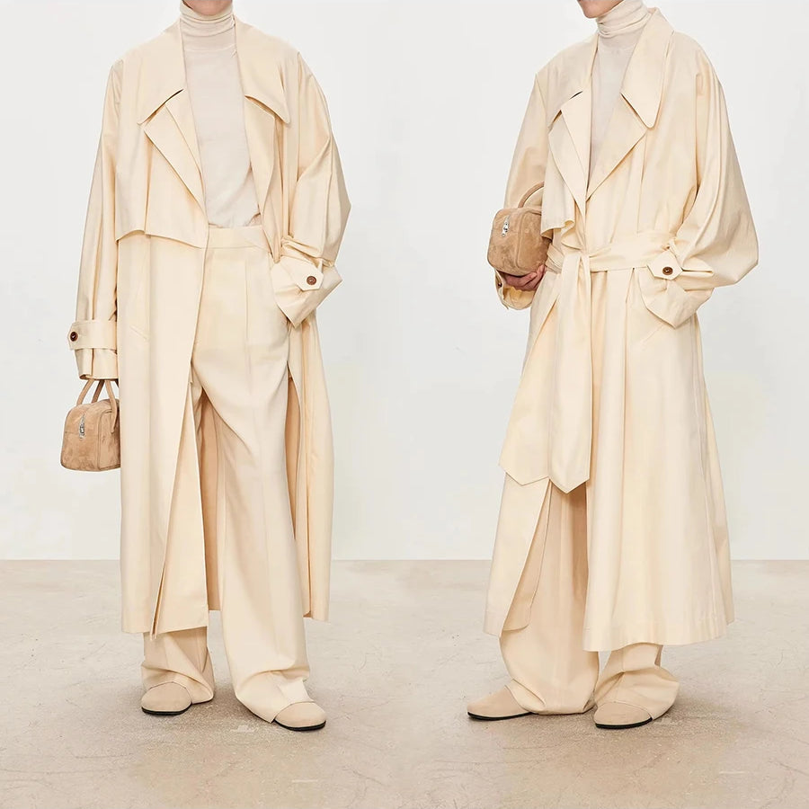 Lautaro Spring Autumn Oversized Khaki Flowy Long Trench Coat for Women Sashes Luxury Loose Casual Korean Fashion Overcoat 2025