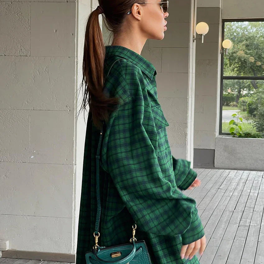 Bclout Casual Green Plaids Loose Blouses For Women 2022 Winter Vintage Long Sleeve Party Shirts Flannel Elegant Office Lady Tops
