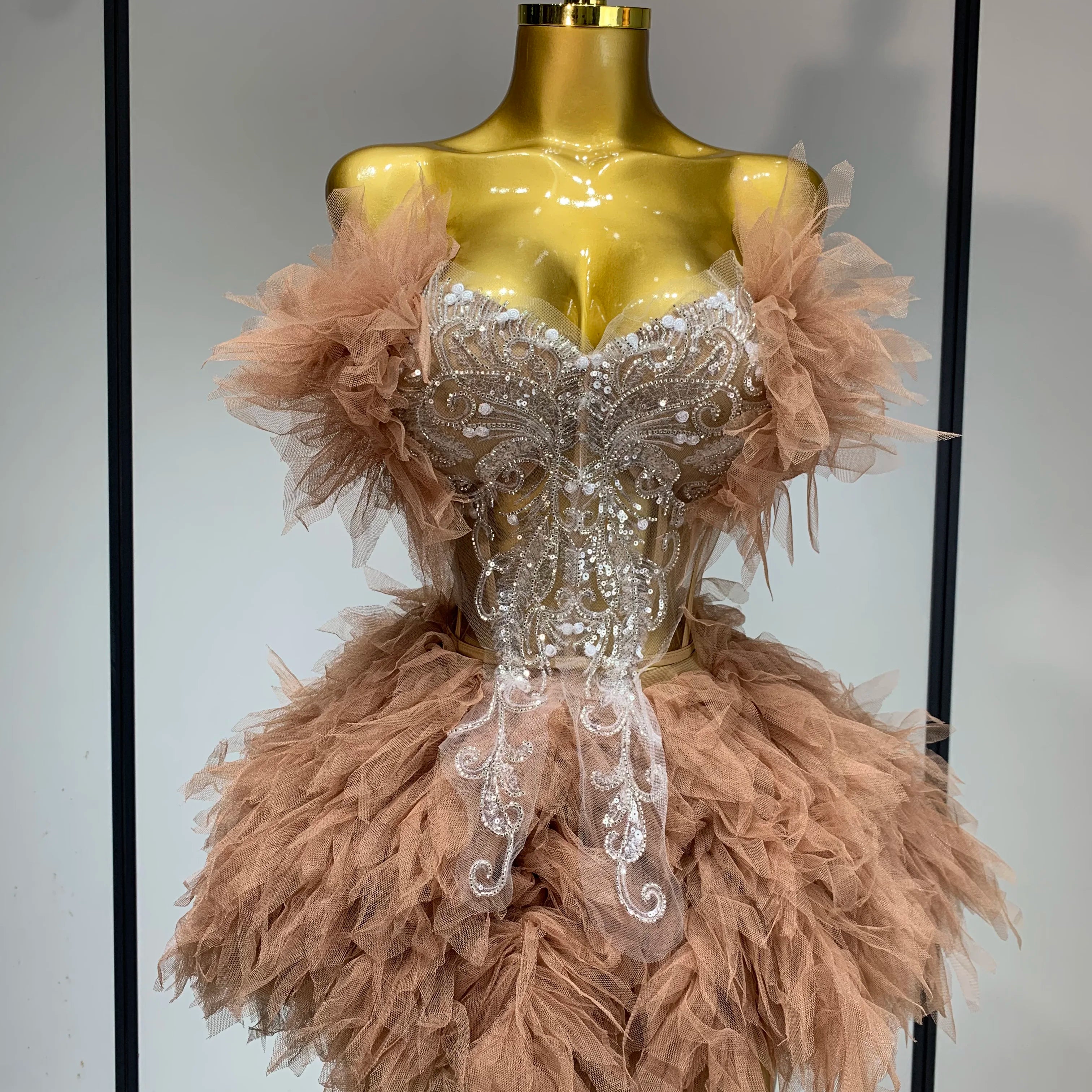 Women Sexy Strapless Mini Two Pieces Set Luxury Birthday Evening Party Dress Bar Nightclub Singer Dancer Stage Outfit Light Brown