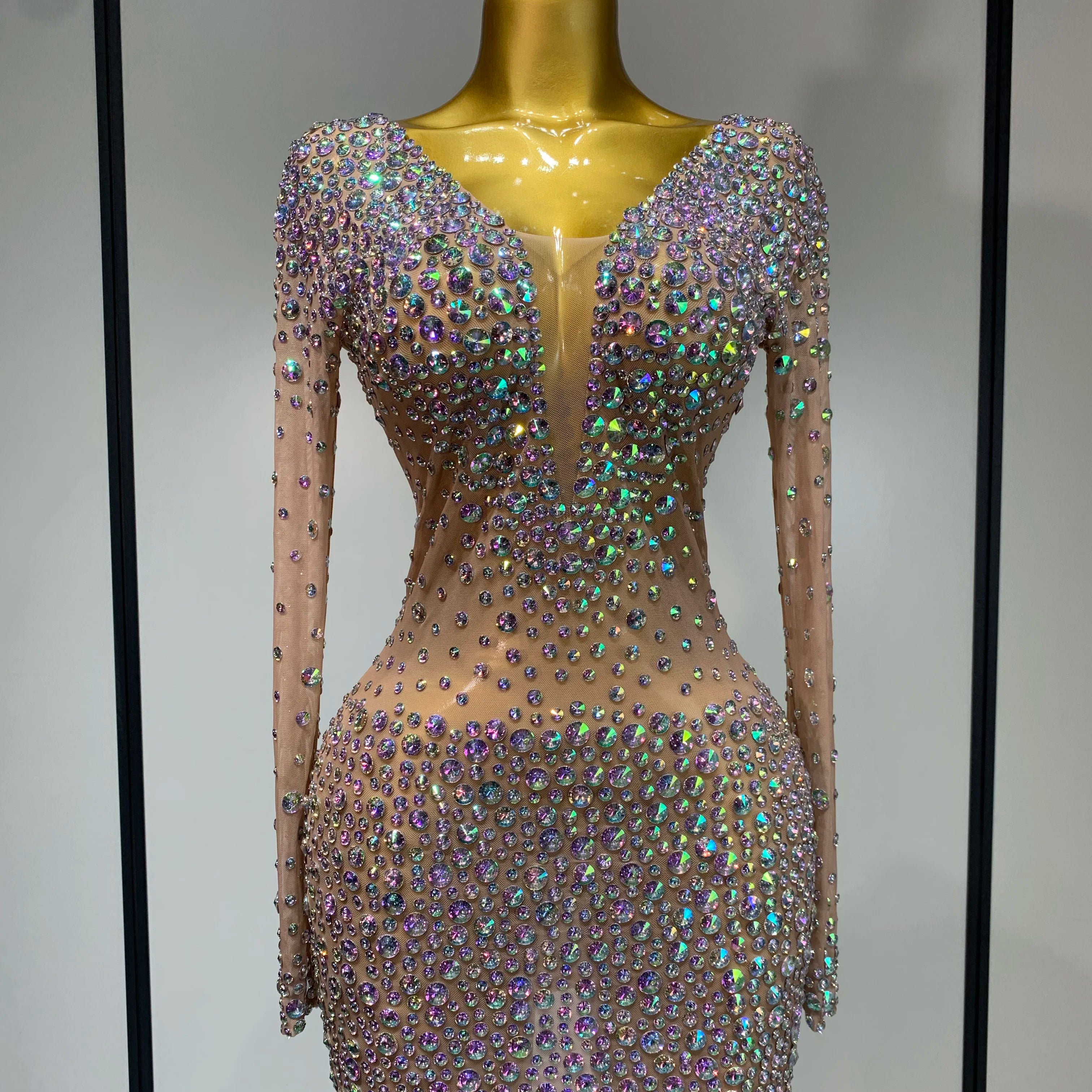 Sparkly Luxury Rhinestones Colourful Mini Dress Women Sexy Mesh See Through Birthday Performance Costume Dancer Stage Wear MULTI