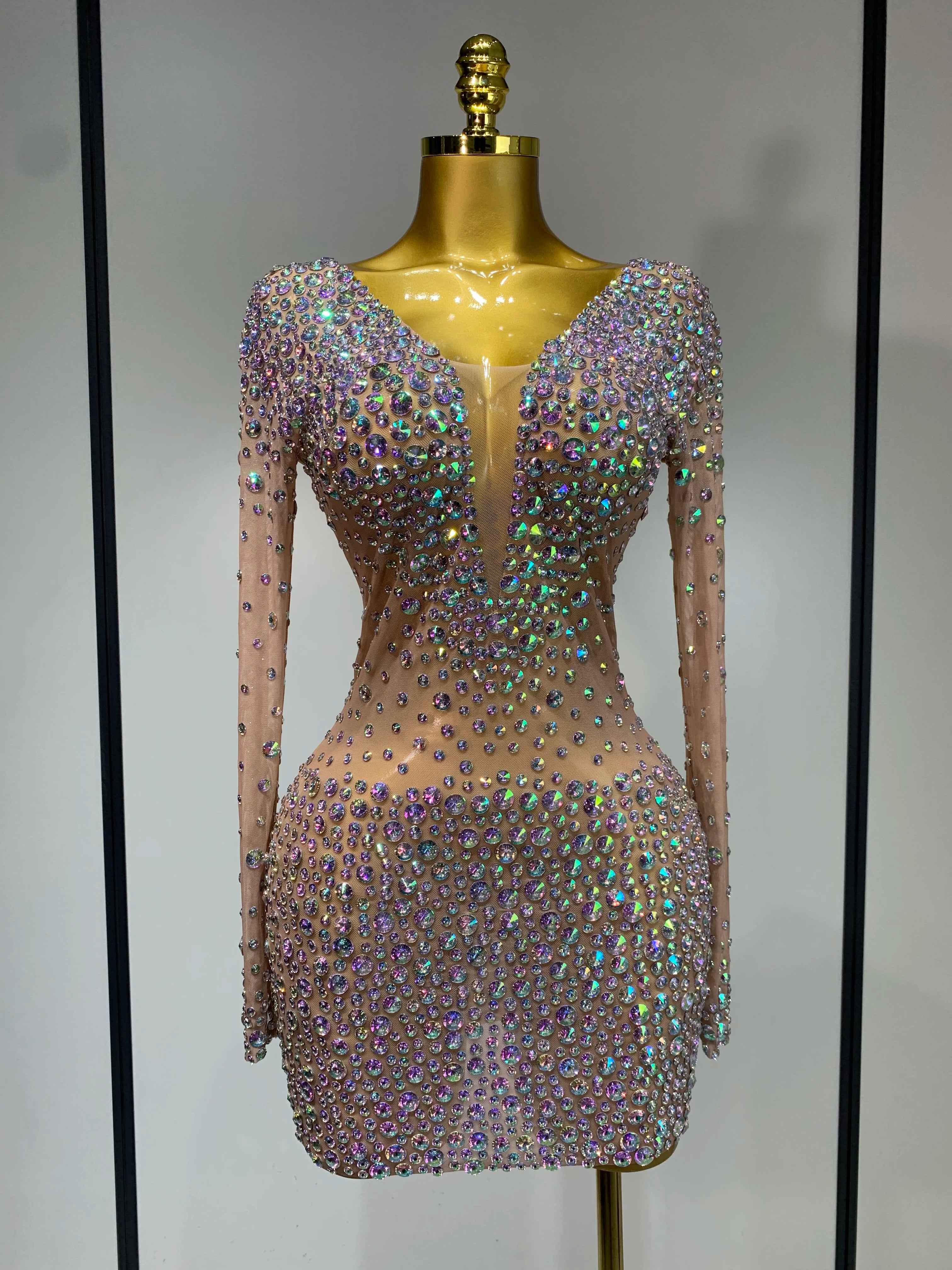 Sparkly Luxury Rhinestones Colourful Mini Dress Women Sexy Mesh See Through Birthday Performance Costume Dancer Stage Wear MULTI
