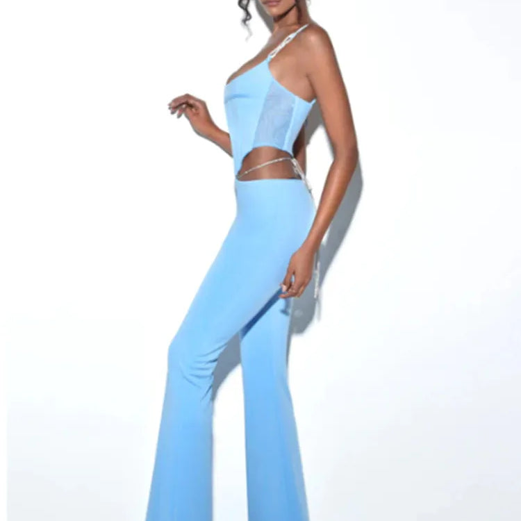 Shiny Chain Sling Sleeveless Cropped Top and Pants 2 Piece Set 2022 New Summer Women's Sexy Club Party Pants Set Outfits