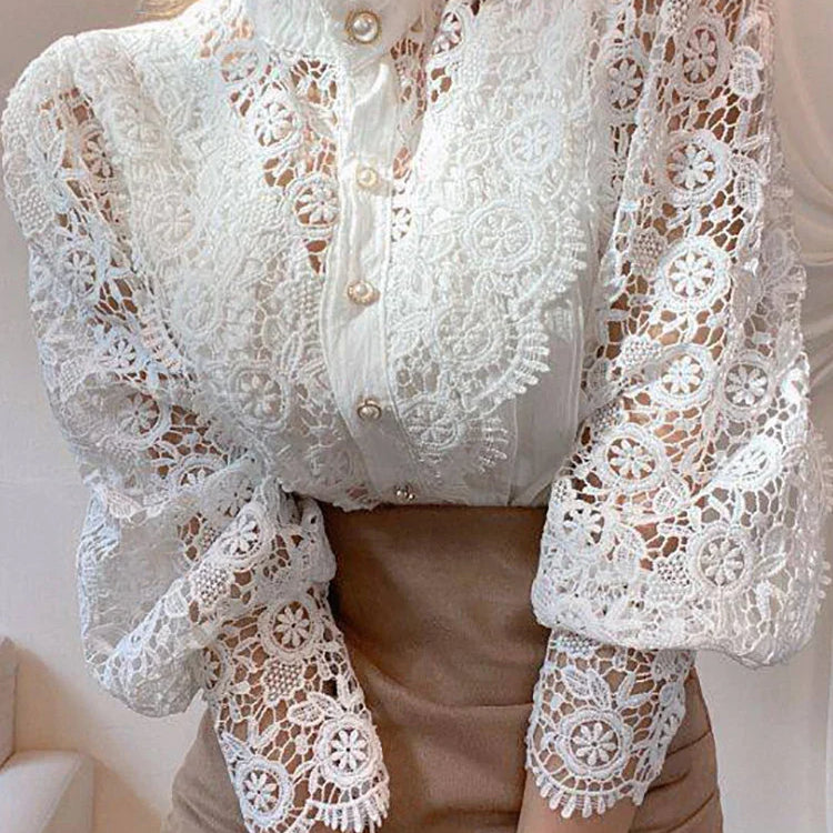 Women Chiffon Button Turtleneck Shirt Chic Elegant Floral Lace Fluffy Long Sleeve Top Fashion Hollow Oversize White Blouse 2024 WHITE