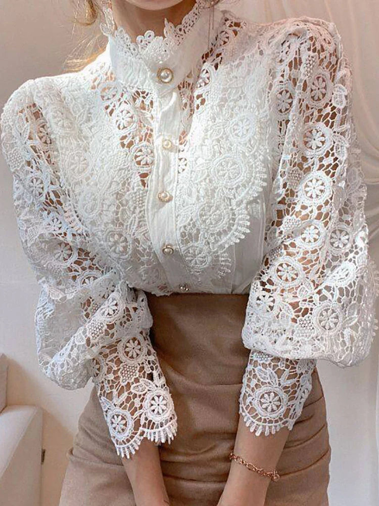 Women Chiffon Button Turtleneck Shirt Chic Elegant Floral Lace Fluffy Long Sleeve Top Fashion Hollow Oversize White Blouse 2024 WHITE