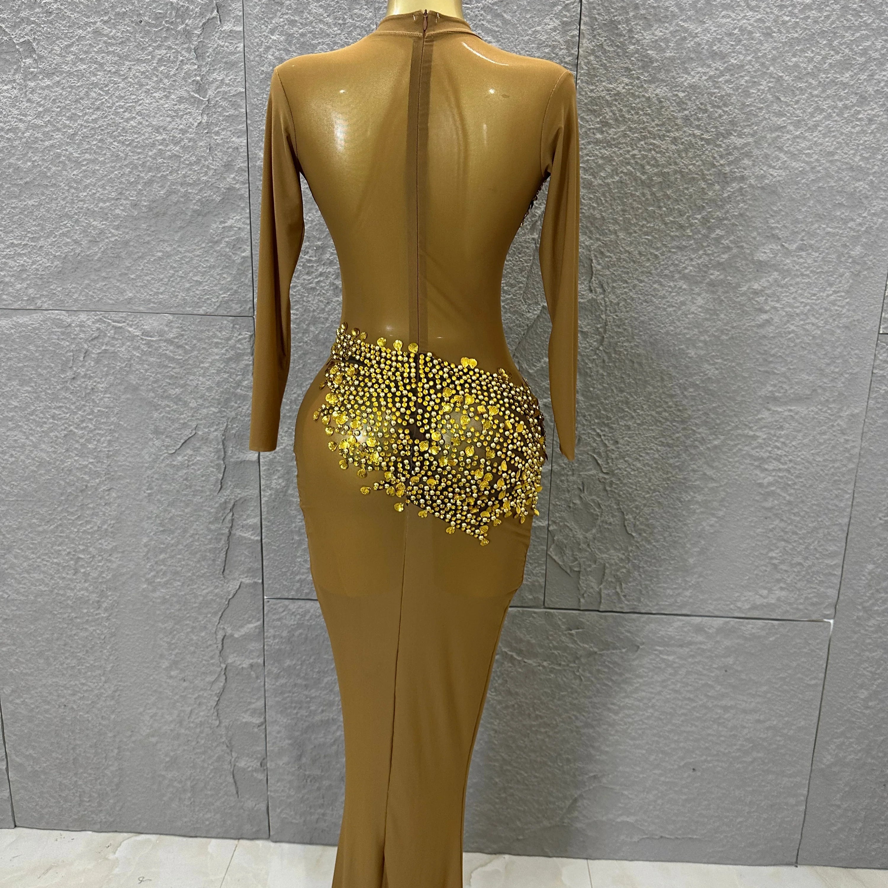 Sexy 2026 Black Sheer Mesh Maxi Dress Women Long Sleeve High Neck Red Rhinestone Embellished Bodycon Stage Costume