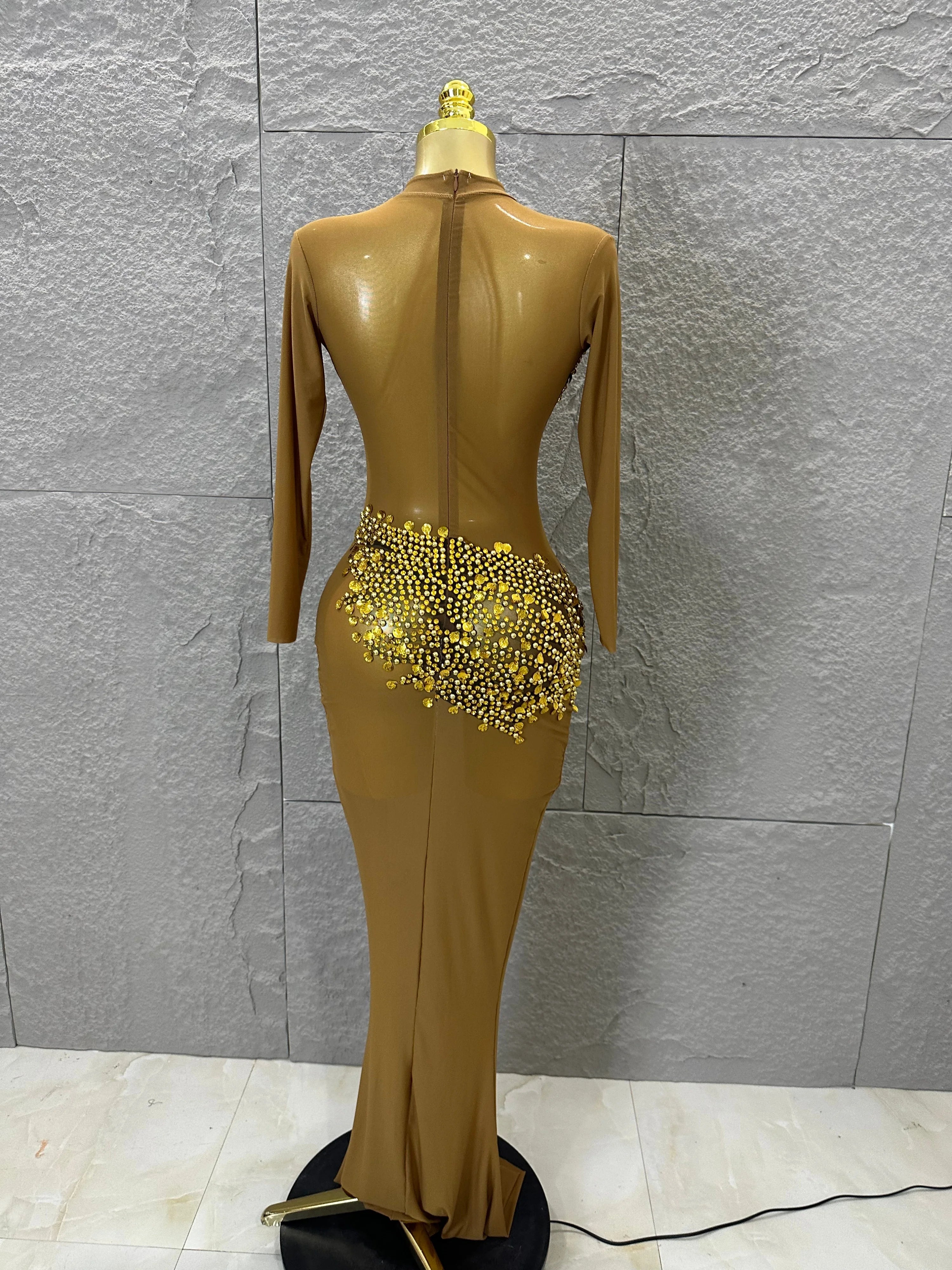 Sexy 2026 Black Sheer Mesh Maxi Dress Women Long Sleeve High Neck Red Rhinestone Embellished Bodycon Stage Costume