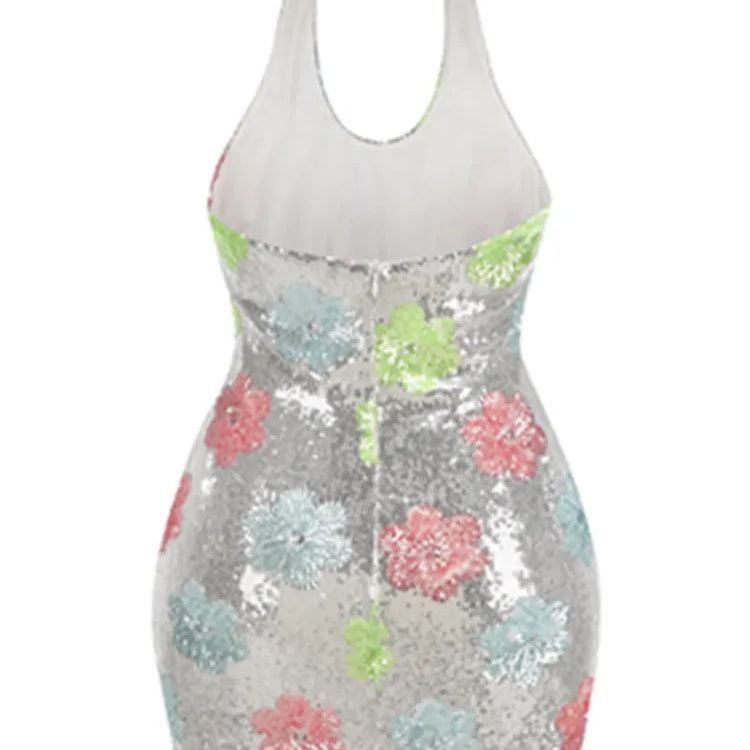 Luxury Women Celebrity Sexy Backless Halter Leaf Mesh Sequins Mini Gowns Dress 2025 Elegant Evening Party Club Vestido