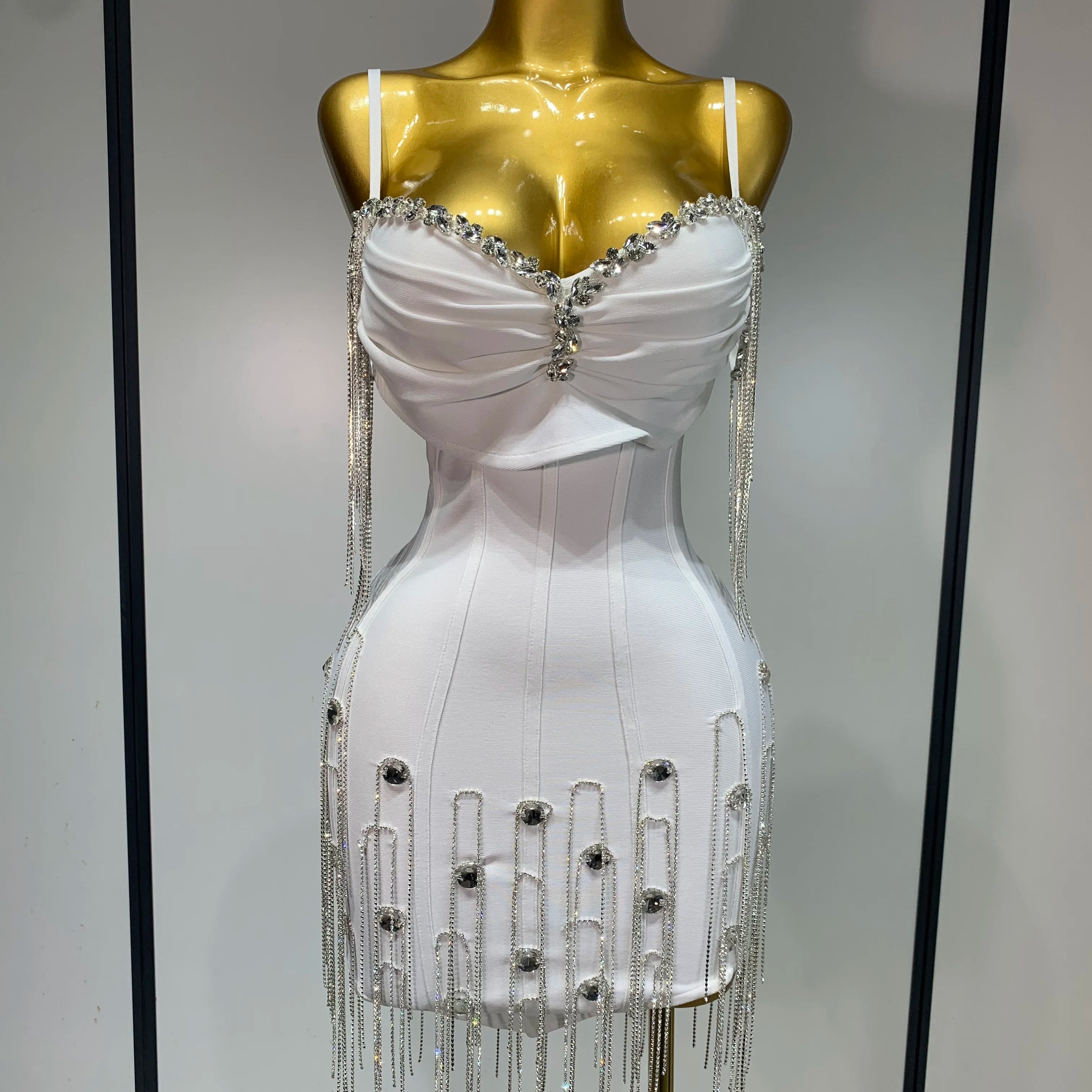 Sexy Backless Spaghetti Strap Bodycon Sleeveless Bandage Dress Elegant Prom Gown Club Evening Party Luxury Birthday Dresses WHITE