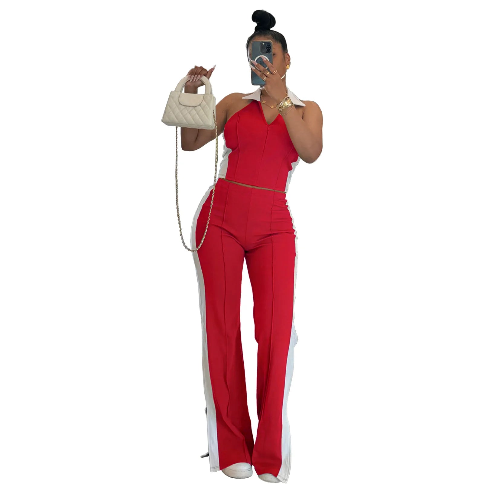 Sporty Patchwork Women's Set Sleeveless Polo-tank Tops and Slit Flare Pants 2025 Active Two 2 Piece Set Outfit Tracksuit Red