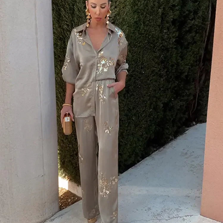 Fashion Print Sequin Shirt 2 Piece Sets For Women Loose Lapel Long Sleeves Top Wide Leg Pants Suits Lady Elegant Outfits Suit 1