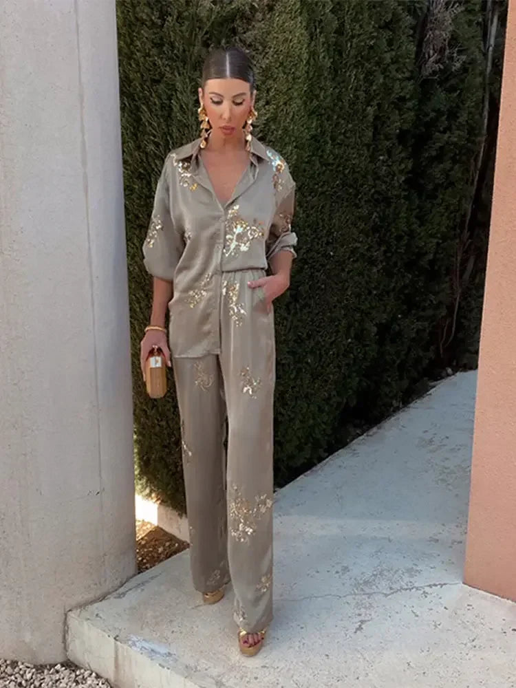 Fashion Print Sequin Shirt 2 Piece Sets For Women Loose Lapel Long Sleeves Top Wide Leg Pants Suits Lady Elegant Outfits Suit 1