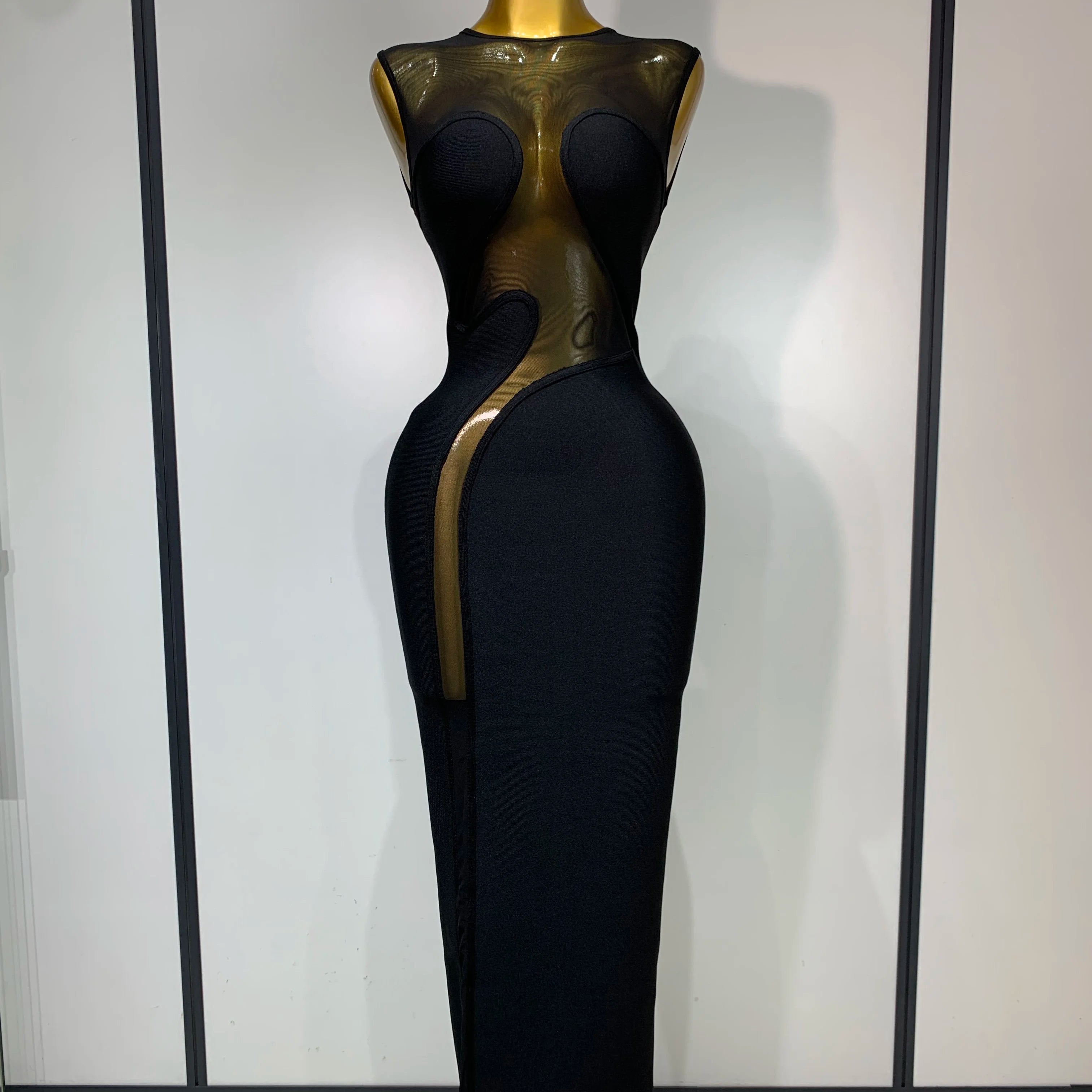 Women Sexy Mesh Patchwork Bandage Round Neck Sleeveless Bandage Dress Celebrity Elegant Evening Party Dress Club Wedding Gown black