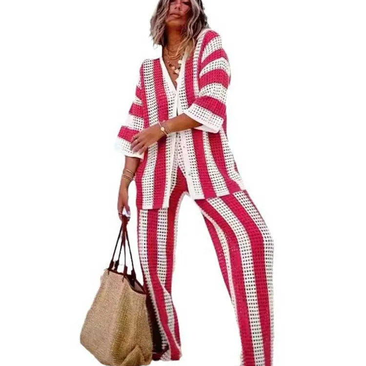 Summer Outfits for Women Vacation Hollow Out Sweater Shirt and Trouser Lady Casual Sexy Plus Size Sets 2 Piece Pants Sets Wide Fuchsia