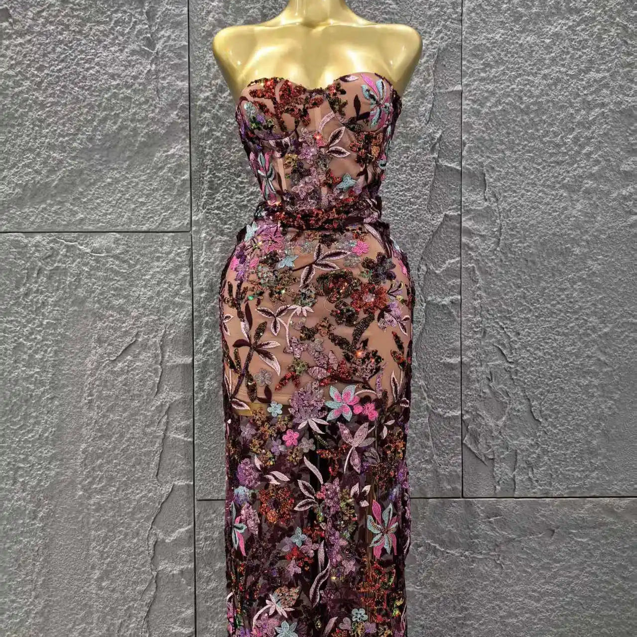 Top Quality Women Sexy Strapless Embroidery Florals Bodycon Long Dress Elegant Evening Party Cocktail Fashion Girls' Outfit