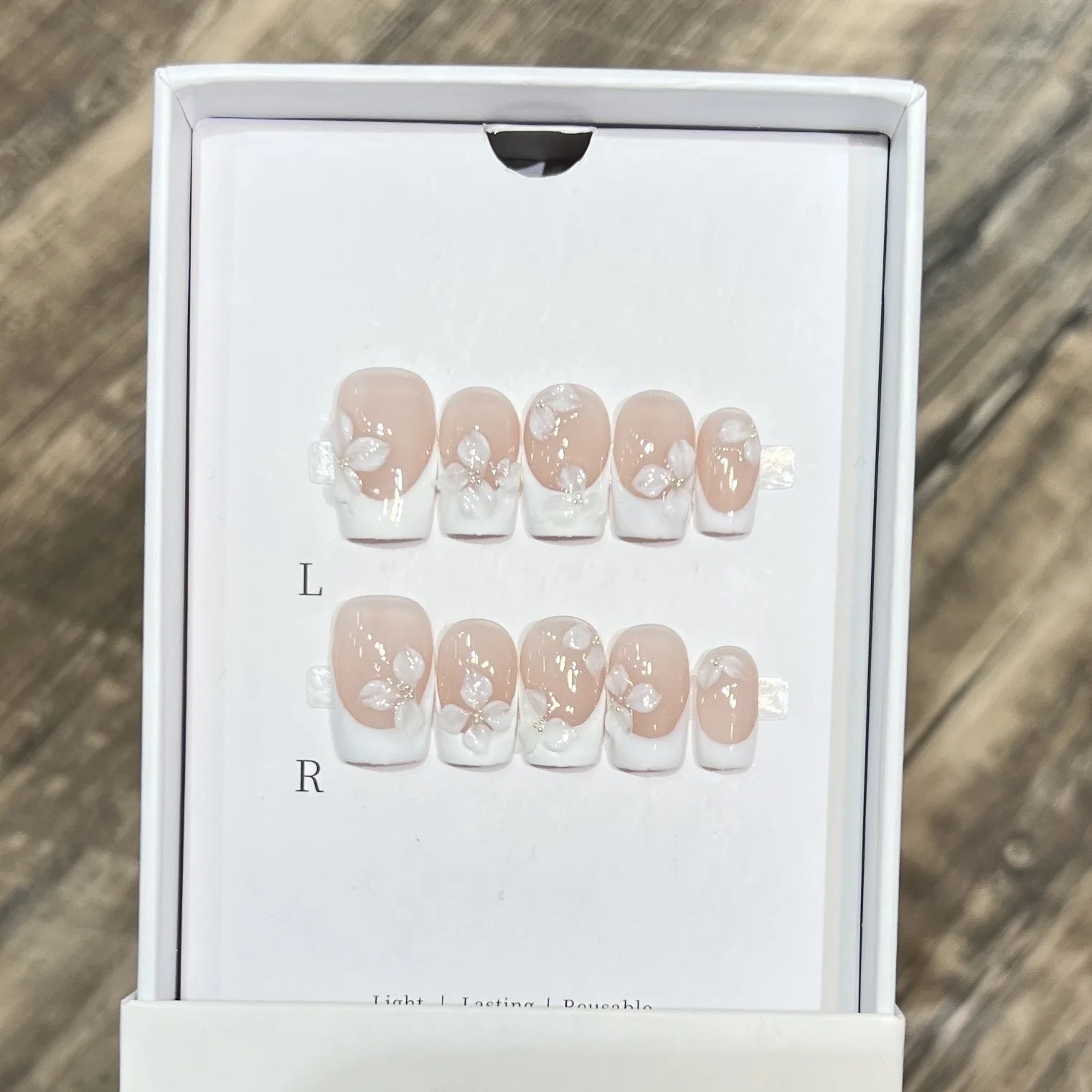 10Pcs Mid-length Ballet Square Head Manicure Art French White Edge Flowers Designs Sweet Coffin Beauty Nails Wearable Fake Nails