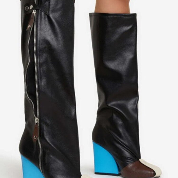 Punk Fan Motorcycle Boots Wome's Zipper Thick Sole Knee High Boots European and American Trend Nightclub Party black blue heel 1