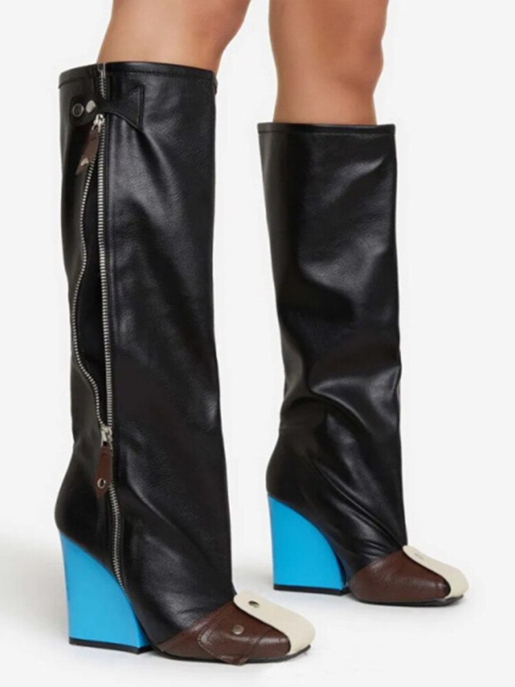 Punk Fan Motorcycle Boots Wome's Zipper Thick Sole Knee High Boots European and American Trend Nightclub Party black blue heel 1