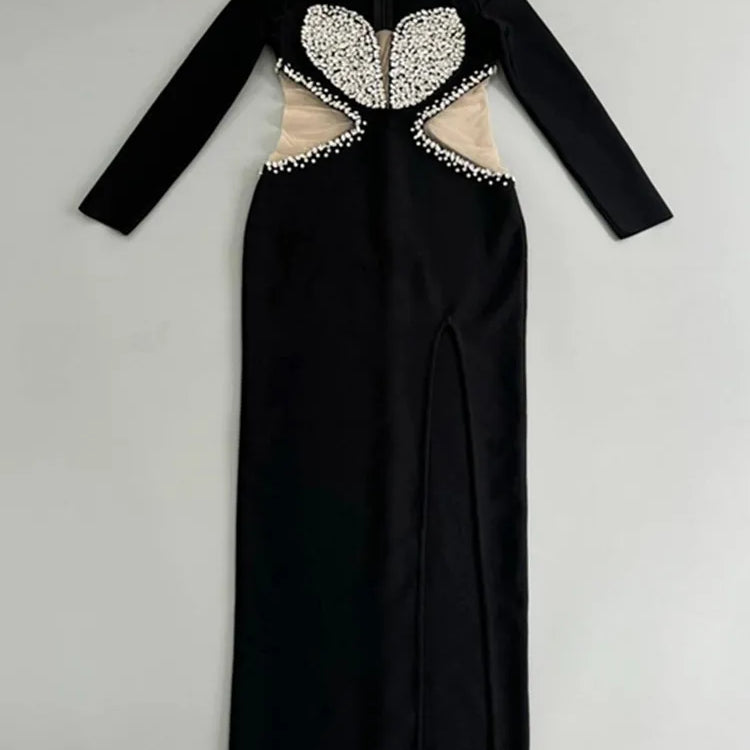 Women Celebrity Sexy Long Sleeve V Neck Beading Mesh Black Maxi Long Bandage Dress 2025 Elegant Evening Club Party Outfit